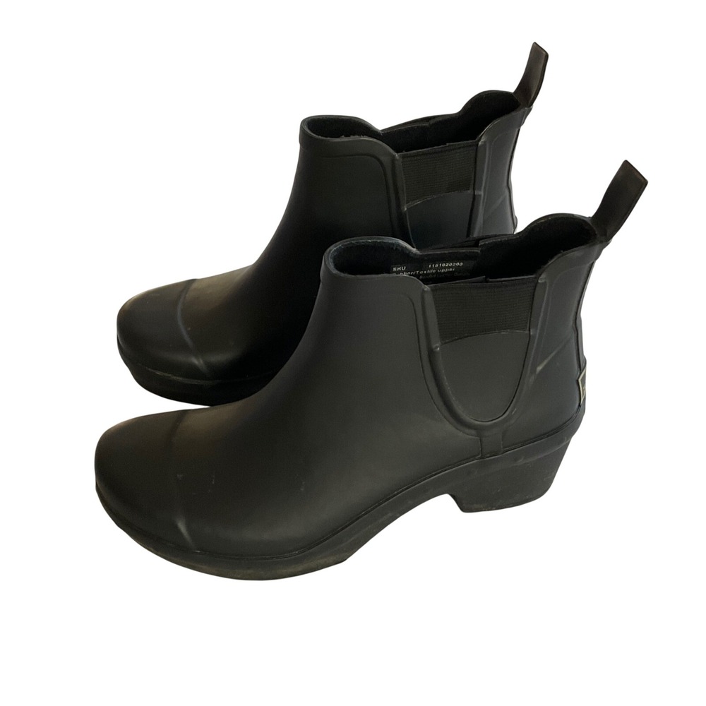 Dansko Rain Boots Women 37 Black Chelsea Rubber Heeled Ankle Waterproof